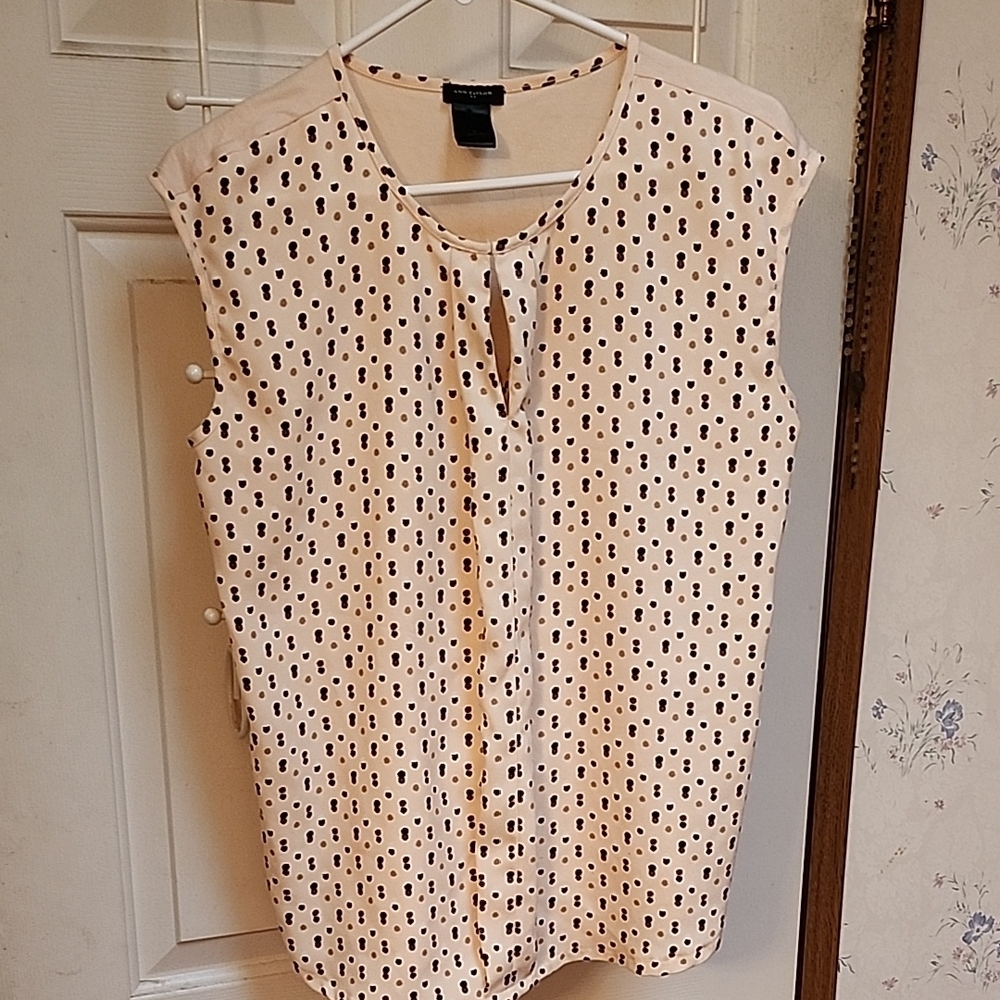 Ann Taylor Cap Sleeve Blouse in Cream and Black with Mandarin Collar